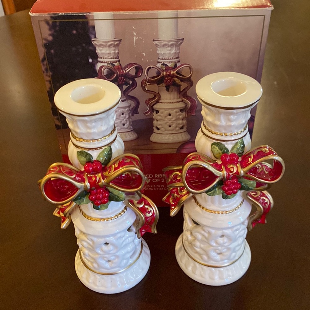 Holiday Home Accents Red Ribbon Candlesticks Set of 2